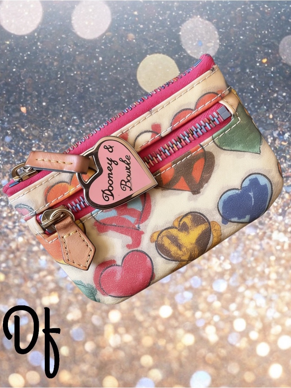 Dooney & Bourke Multicolor Heart Print Cosmetic Pouch with Pink Trim
